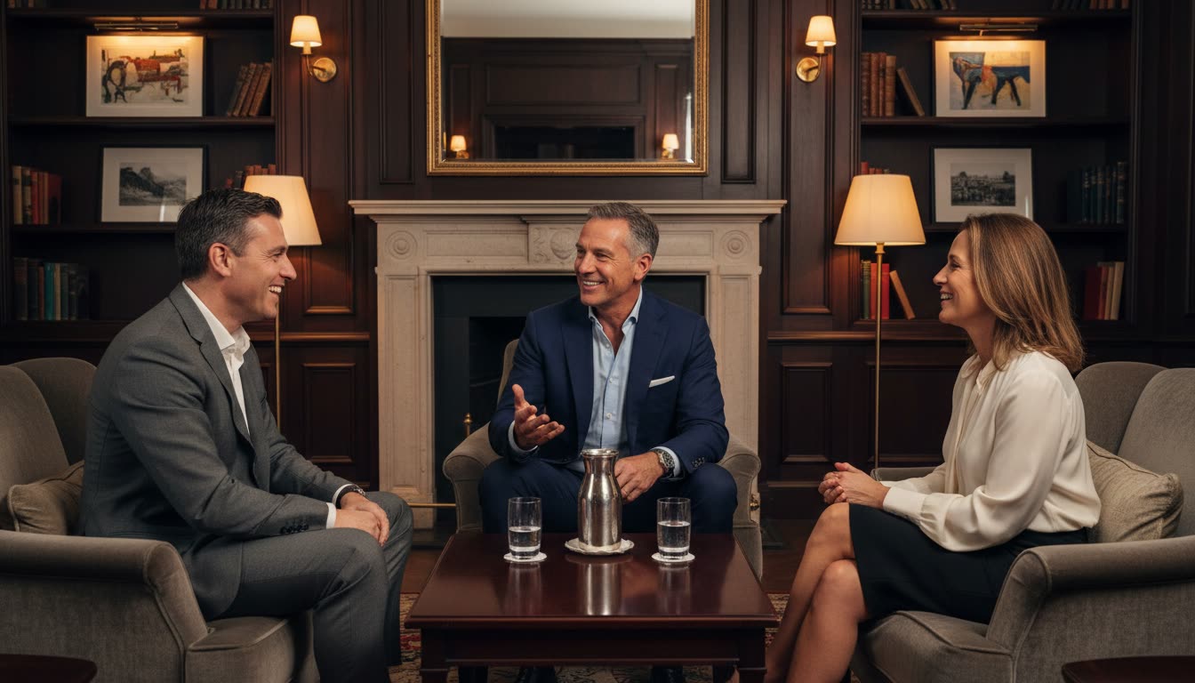 A senior professional connecting with peers in a private members club