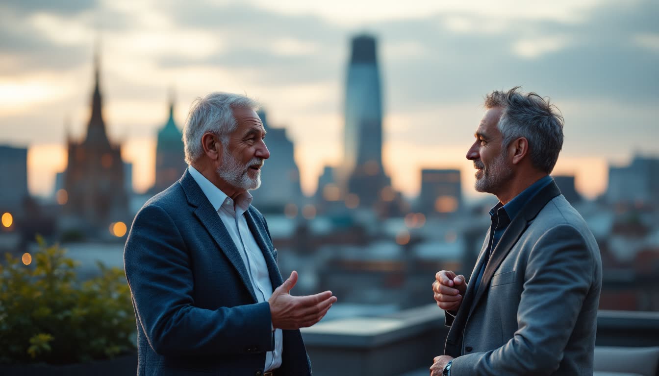 Two professional men discussing business on a London rooftop at dusk, illustrating the power of clear communication.