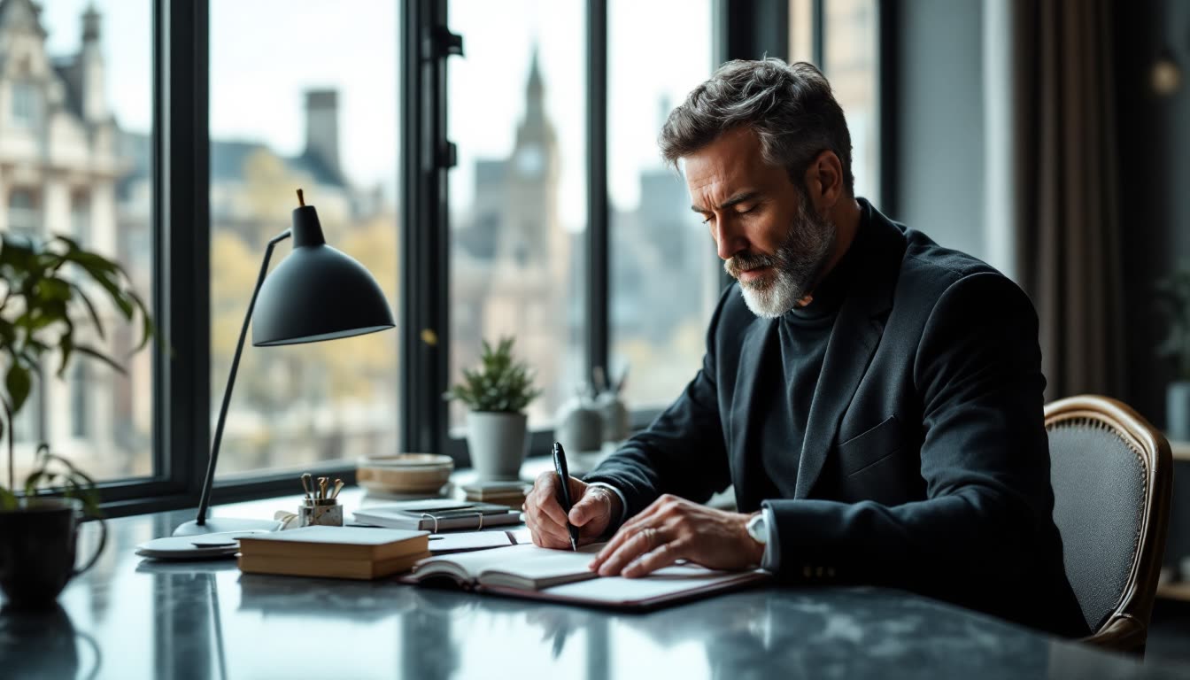 A man in his 40s carefully writing in a notebook in a modern study, representing the work of refining one's core message.