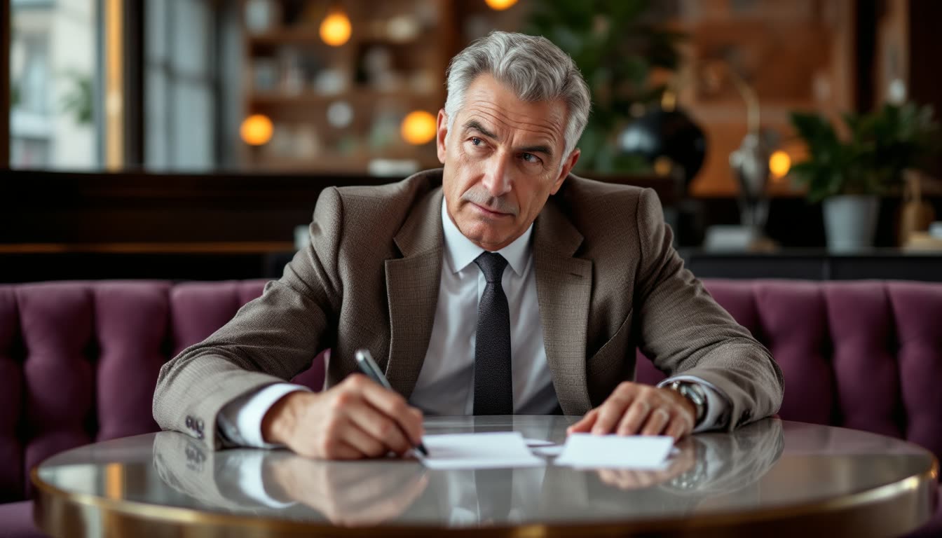 A former senior executive considering strategic choices in a refined lounge