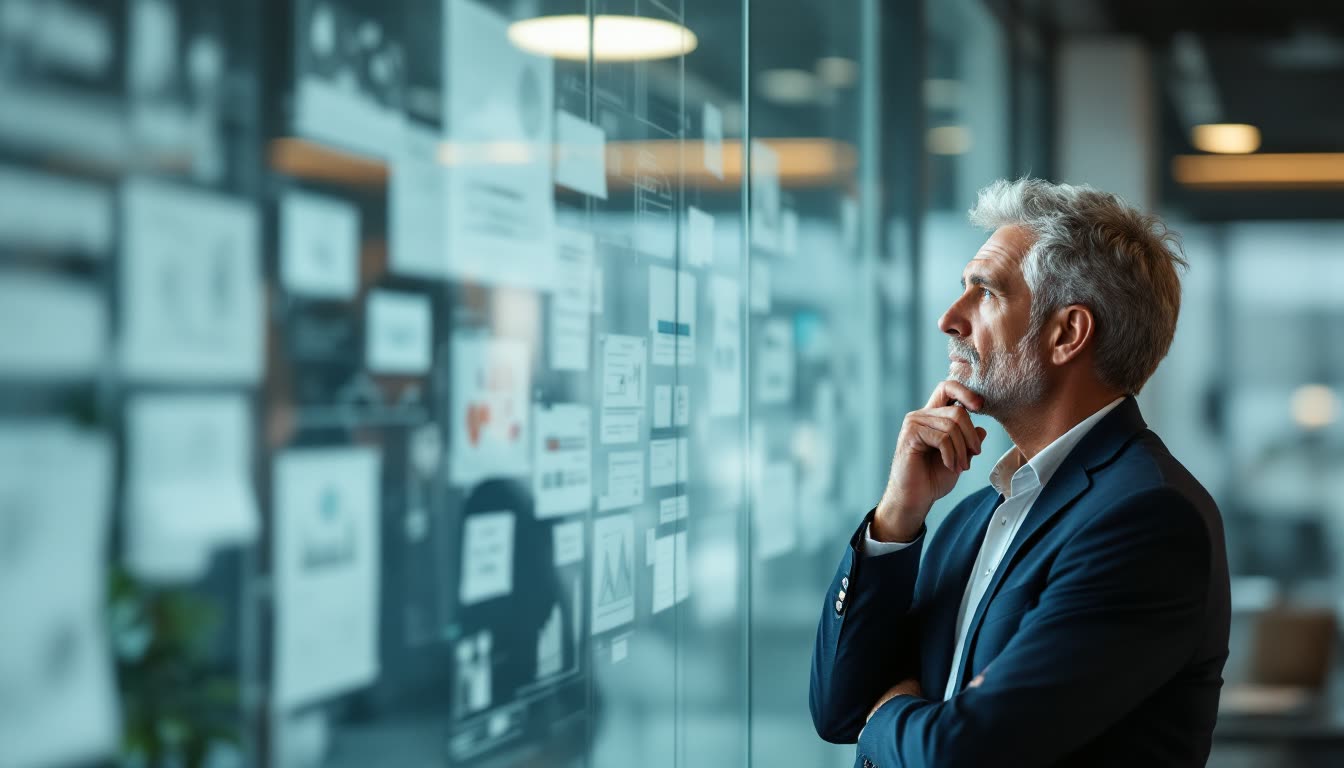 A man considers his brand strategy on a glass wall.