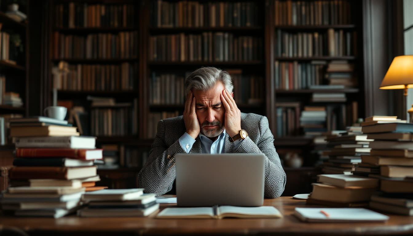 A man surrounded by books and a laptop, looking overwhelmed by research.