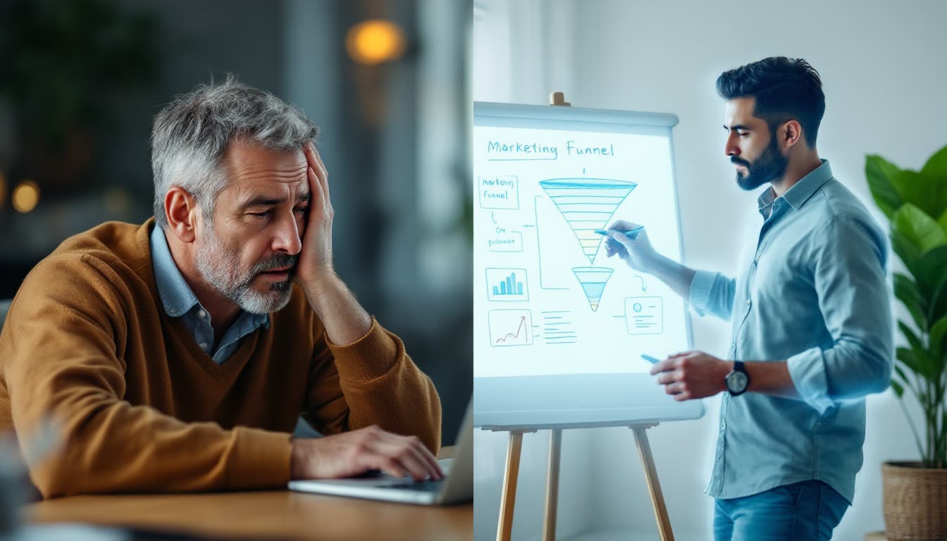 A visual contrast between a consultant busy with client delivery and the marketing work they are neglecting.