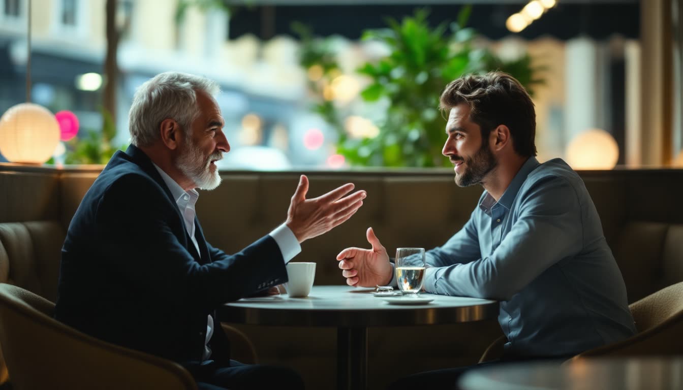 Two men having a direct, action-oriented conversation.