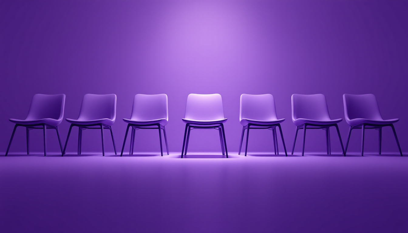 One spotlit chair standing apart from a row of identical blurred chairs