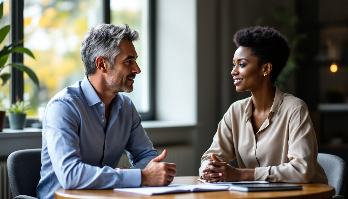 Two senior professionals in a focused one-to-one conversation in a small targeted room