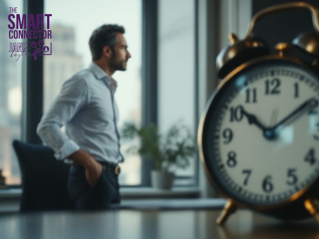 A man looks relieved in his office, unaware of a clock in the foreground that suggests his time is running out, representing the danger of complacency after a big win.