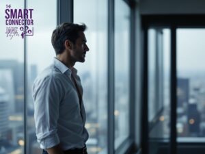 A man in a modern office, representing an ex-corporate leader frozen by overthinking his strategy.
