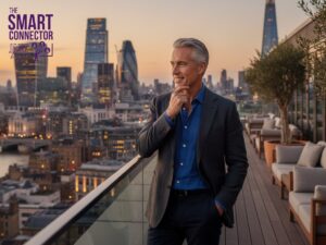 A distinguished executive on a rooftop over the London City skyline