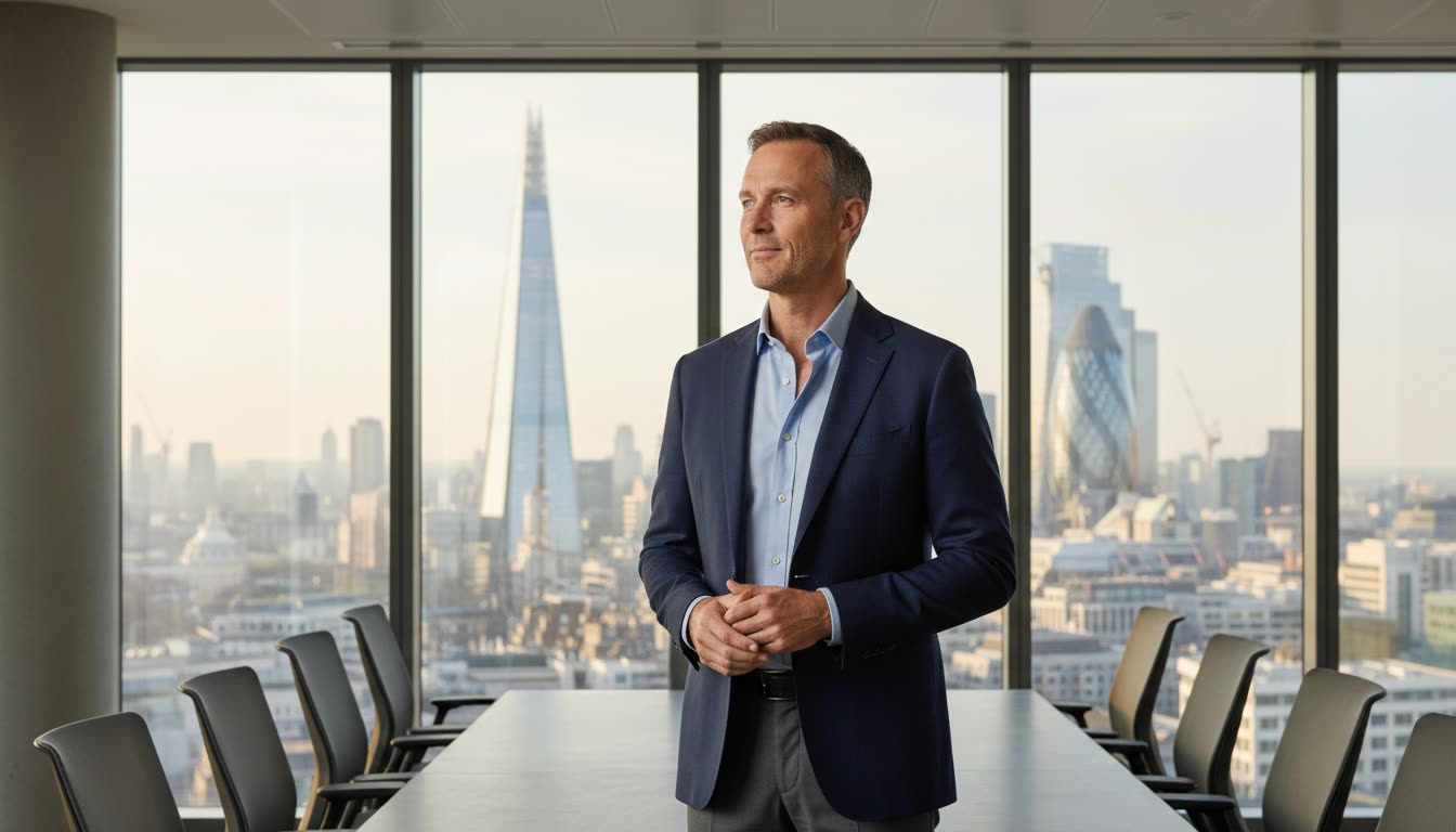 A confident executive at a strategic clarity moment over the London skyline