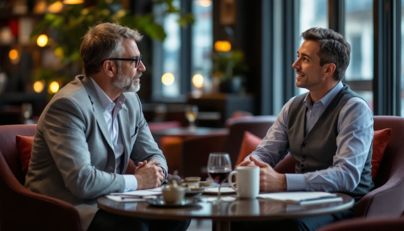 Senior executive rebuilding authority in a purposeful conversation with a client after leaving employment