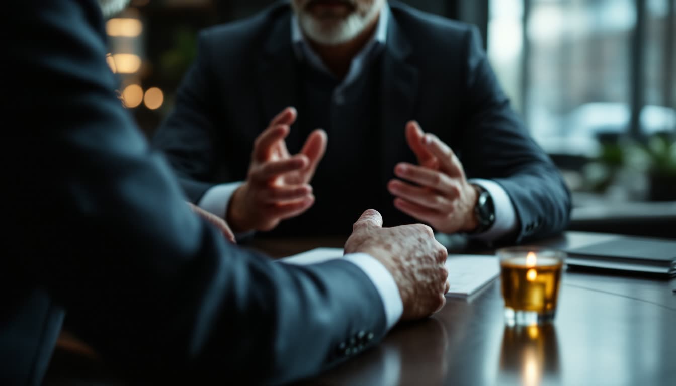 Two men engaged in an intense one-to-one business conversation across a table, illustrating the nature of high-value sales.