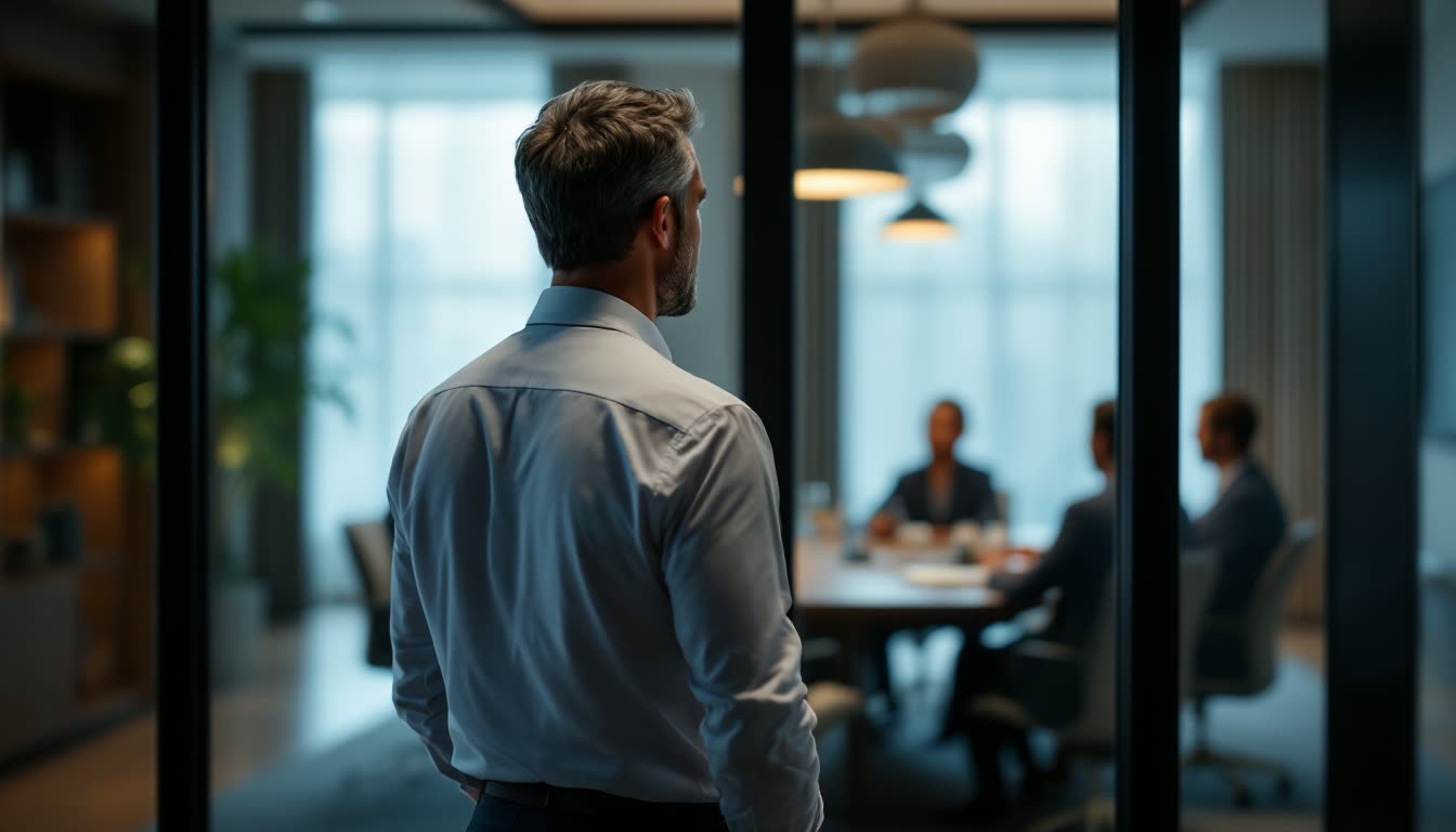 Consultant outside a boardroom while a client discussion is already underway