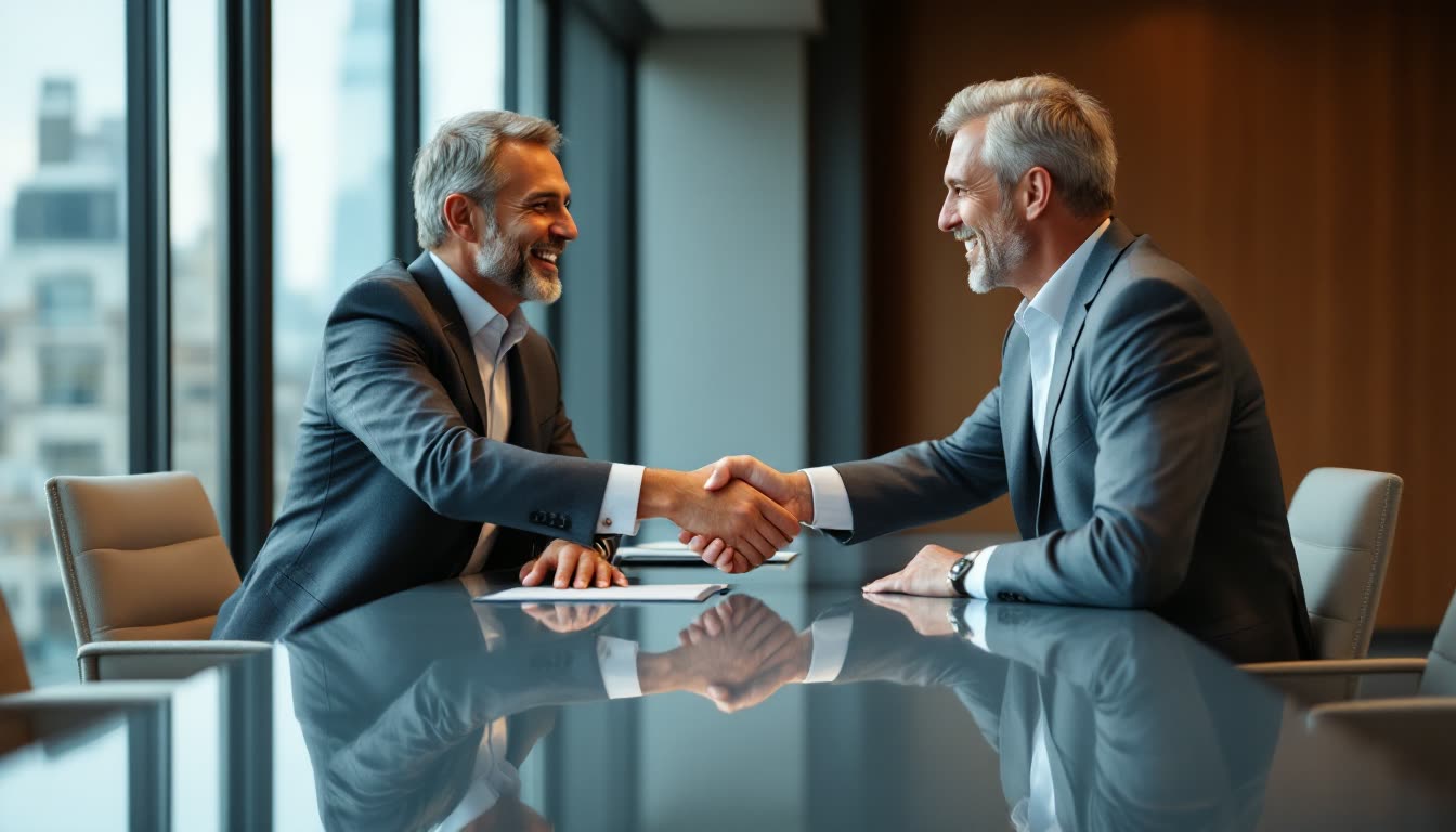 A consultant and client shaking hands after agreeing to a high-value deal.