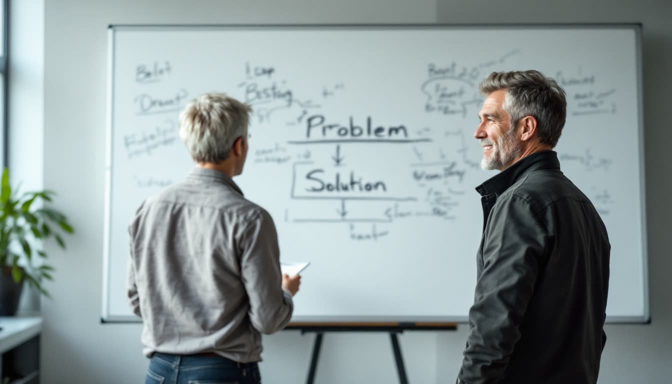 A business leader looking at a whiteboard where a complex problem has been simplified into a clear solution.