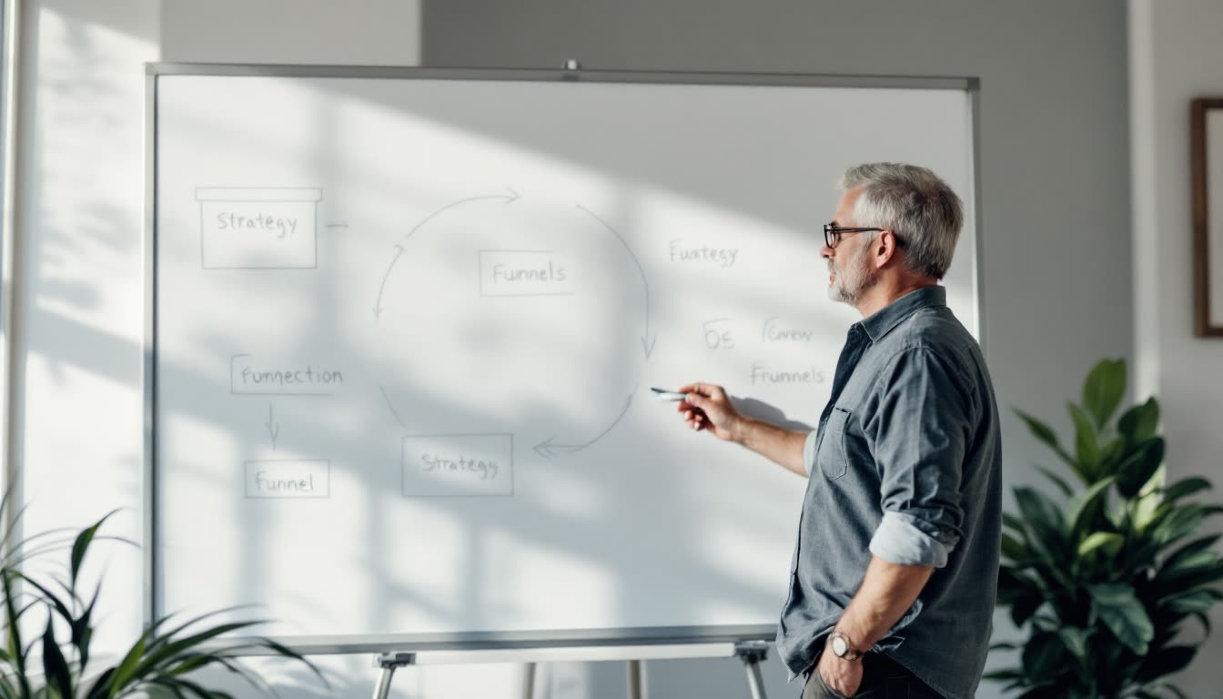 A man plans a marketing funnel on a whiteboard, representing the systematic nature of marketing.