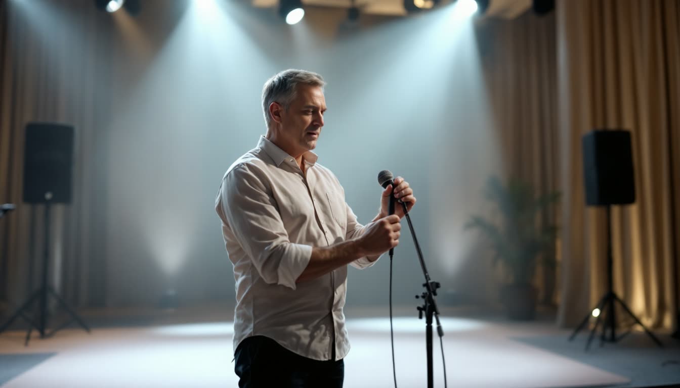 A man preparing to speak on stage by adjusting a microphone.