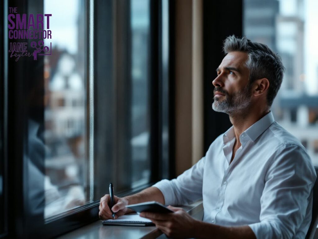 A man in a smart shirt contemplates strategy in a London office, representing the choice between sales and marketing focus.