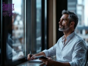 A man in a smart shirt contemplates strategy in a London office, representing the choice between sales and marketing focus.