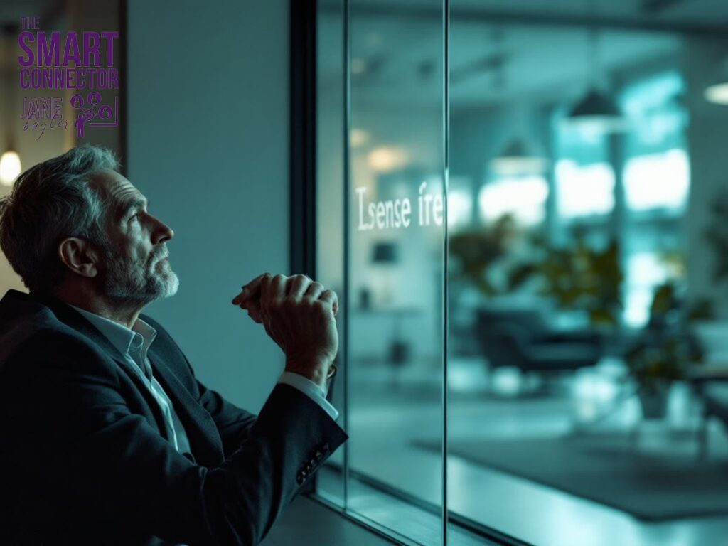 A successful male leader in his 40s thinking strategically about a core business problem in a London office.