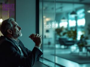 A successful male leader in his 40s thinking strategically about a core business problem in a London office.