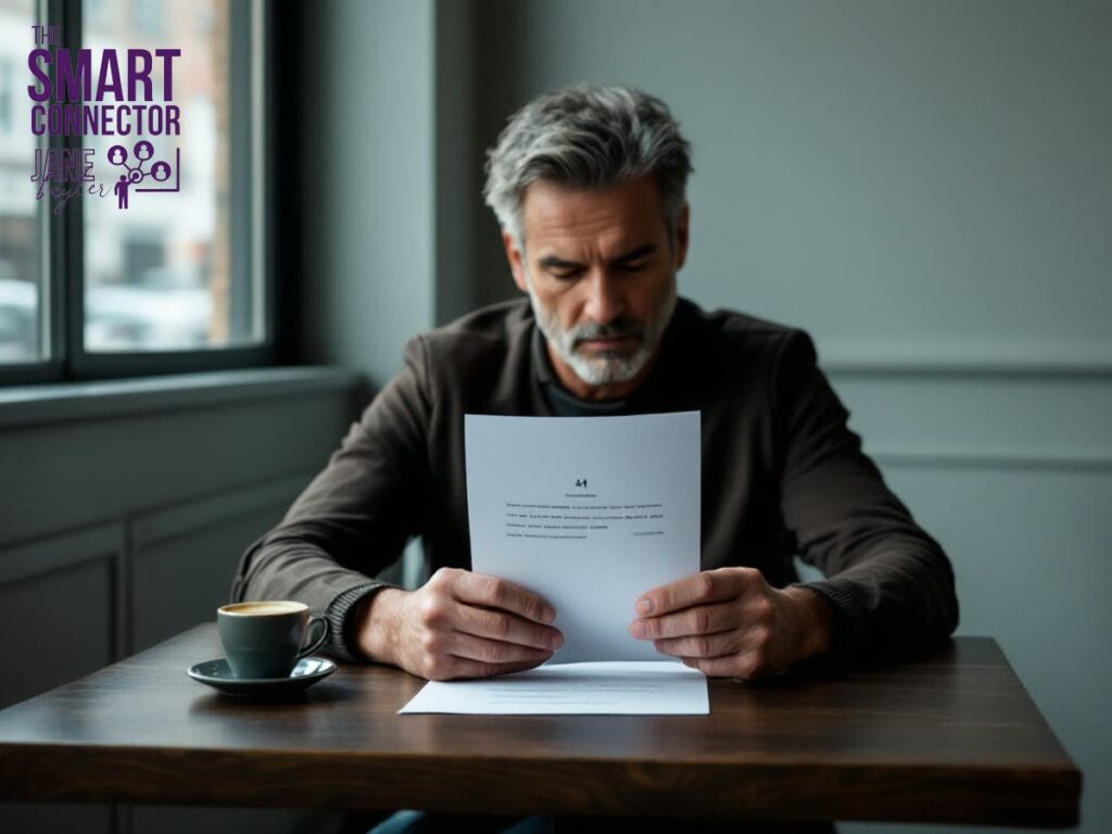 A man considering a single piece of paper, representing the search for messaging clarity.