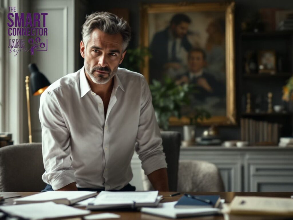 Experienced man in a London office rejecting generic business advice and returning to his own expertise